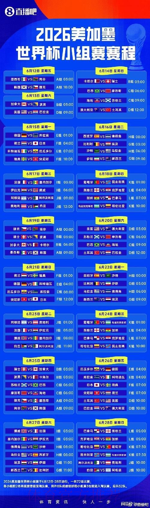 2026世界杯小组赛赛程今日高清直播实时查看